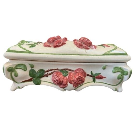 Hand-Painted Ceramic Jewelry Trinket Box With Pink Roses & Green Vines Design - Picture 1 of 12
